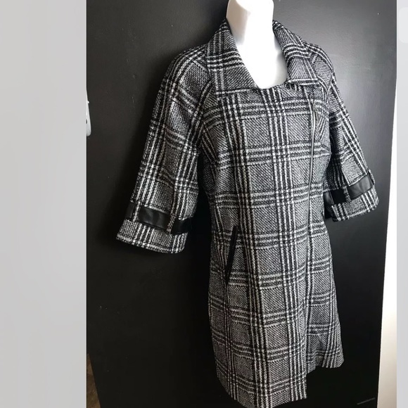New JOSEPH RIBKOFF Glen Plaid Jacket Coat Black Silver Asymmetrical Zipper - Picture 5 of 13